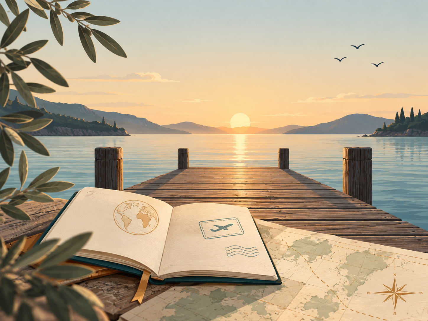 Open journal and map on a dock at sunset